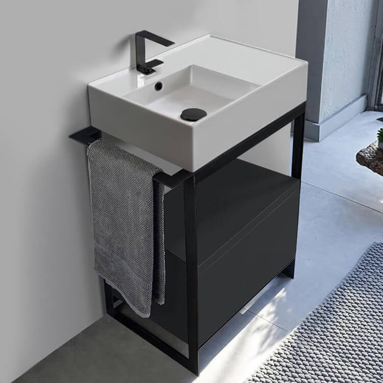 Console Sink Vanity With Ceramic Sink and Matte Black Drawer, 27"