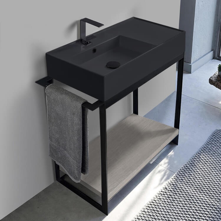 Console Sink Vanity With Matte Black Ceramic Sink and Grey Oak Shelf, 35"