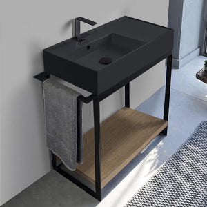 Console Sink Vanity With Matte Black Ceramic Sink and Natural Brown Oak Shelf, 35"