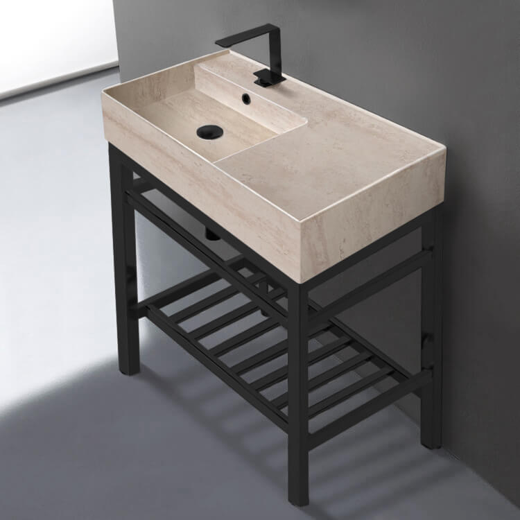 Modern Beige Travertine Design Ceramic Console Sink and Matte Black Base, 32"