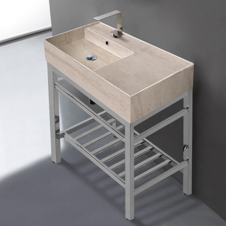 Modern Beige Travertine Design Ceramic Console Sink and Polished Chrome Base, 32"