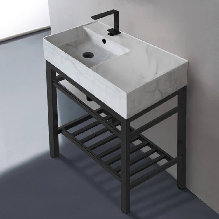 Modern Marble Design Ceramic Console Sink and Matte Black Base, 32"