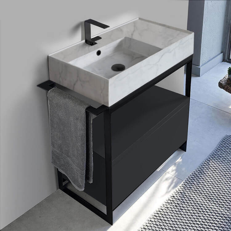 Console Sink Vanity With Marble Design Ceramic Sink and Matte Black Drawer, 35"