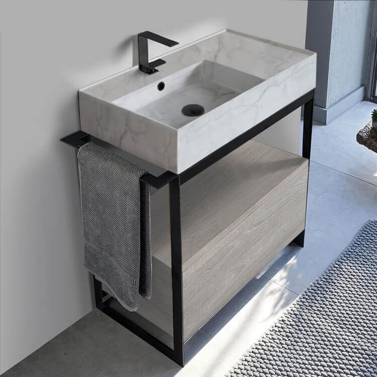 Console Sink Vanity With Marble Design Ceramic Sink and Grey Oak Drawer, 35"