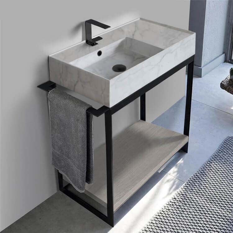 Console Sink Vanity With Marble Design Ceramic Sink and Grey Oak Shelf, 35"