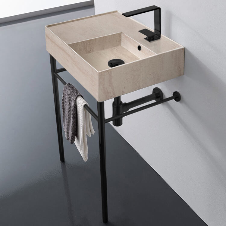 Beige Travertine Design Ceramic Console Sink and Matte Black Stand, 24"
