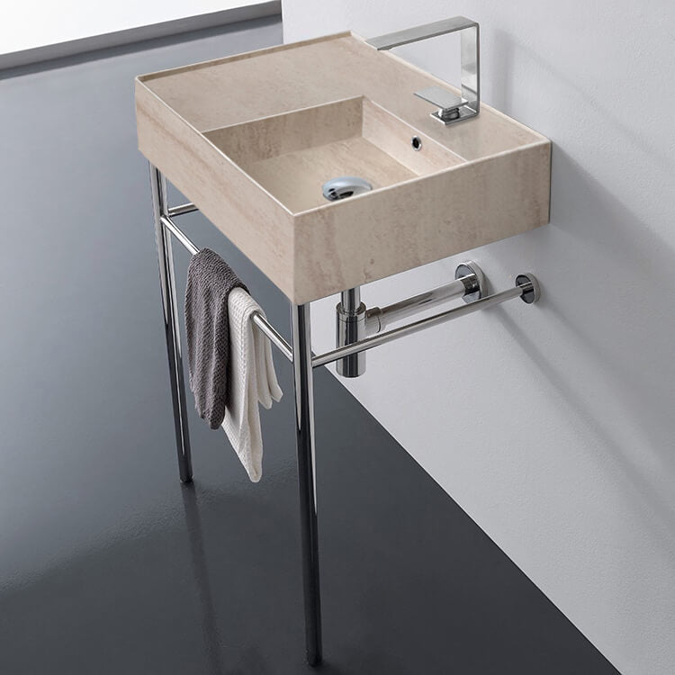 Beige Travertine Design Ceramic Console Sink and Polished Chrome Stand, 24"