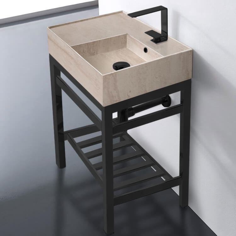 Modern Beige Travertine Design Ceramic Console Sink and Matte Black Base, 24"