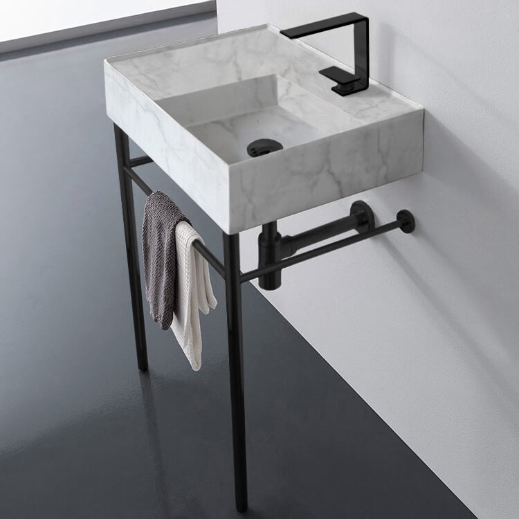 Marble Design Ceramic Console Sink and Matte Black Stand, 24"