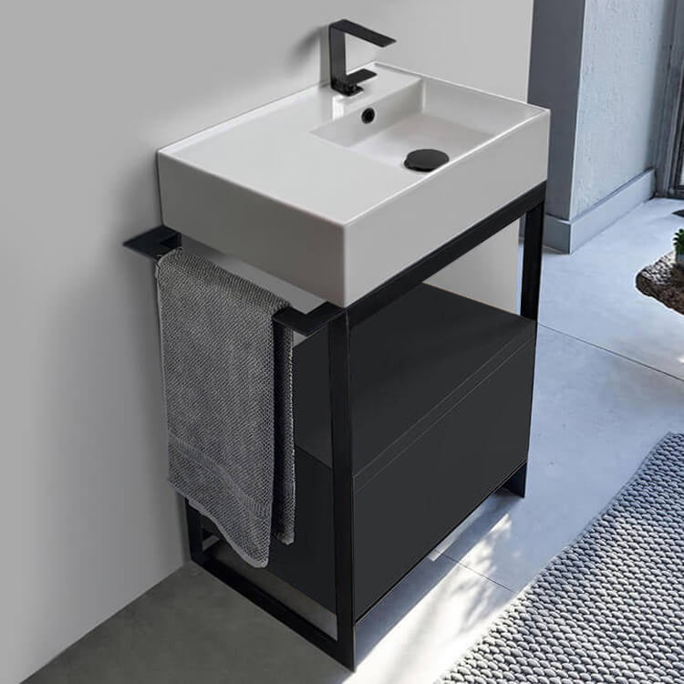 Console Sink Vanity With Ceramic Sink and Matte Black Drawer, 27"