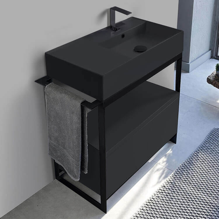 Console Sink Vanity With Matte Black Ceramic Sink and Matte Black Drawer, 35"