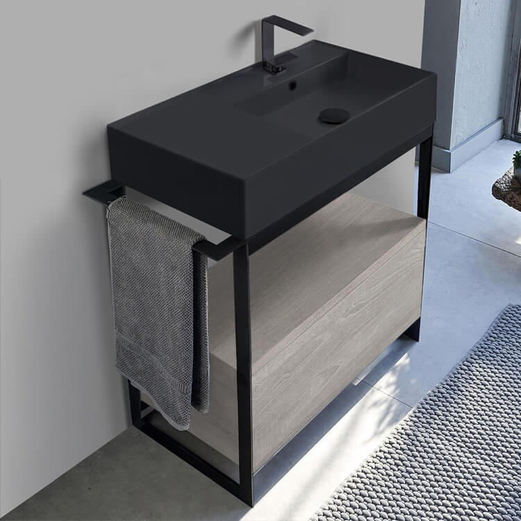 Console Sink Vanity With Matte Black Ceramic Sink and Grey Oak Drawer, 35"