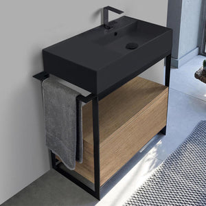 Console Sink Vanity With Matte Black Ceramic Sink and Natural Brown Oak Drawer, 35"