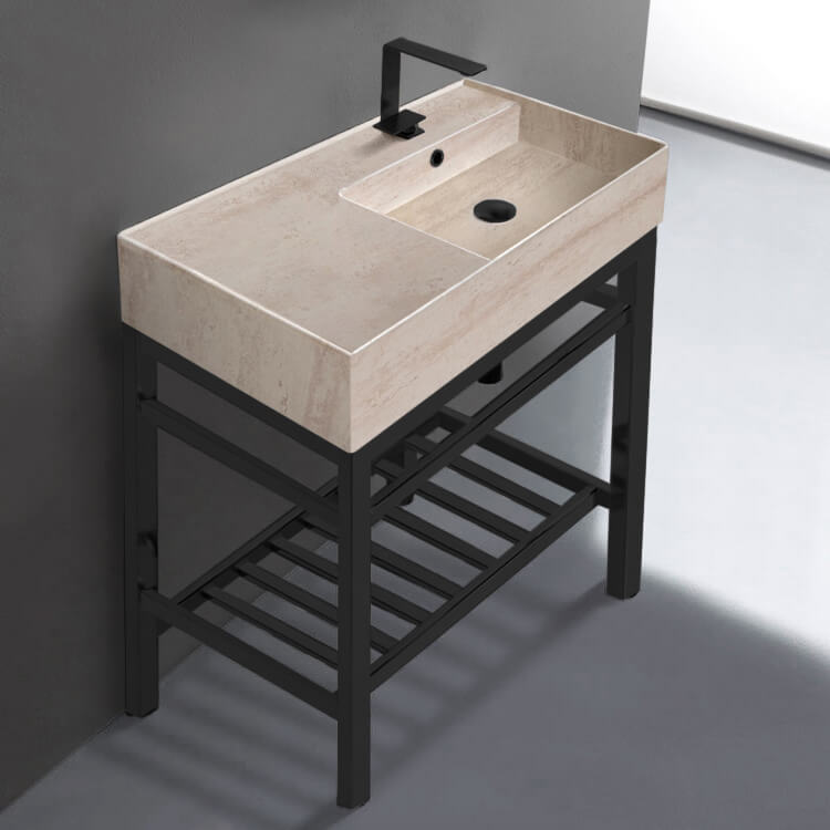 Modern Beige Travertine Design Ceramic Console Sink and Matte Black Base, 32"