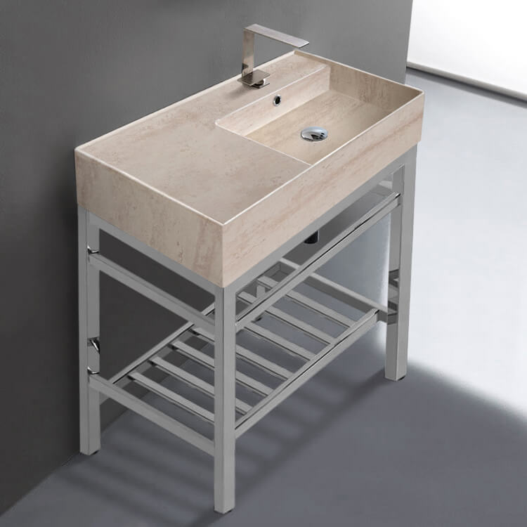 Modern Beige Travertine Design Ceramic Console Sink and Polished Chrome Base, 32"