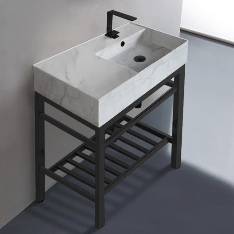 Modern Marble Design Ceramic Console Sink and Matte Black Base, 32"