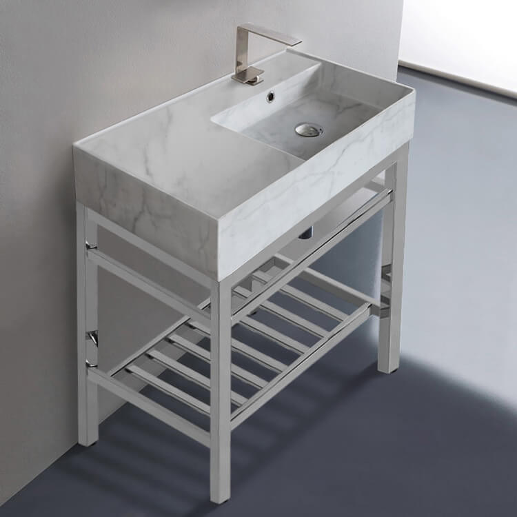 Modern Marble Design Ceramic Console Sink and Polished Chrome Base, 32"