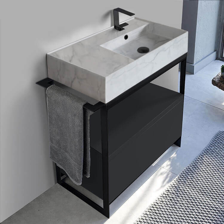 Console Sink Vanity With Marble Design Ceramic Sink and Matte Black Drawer, 35"