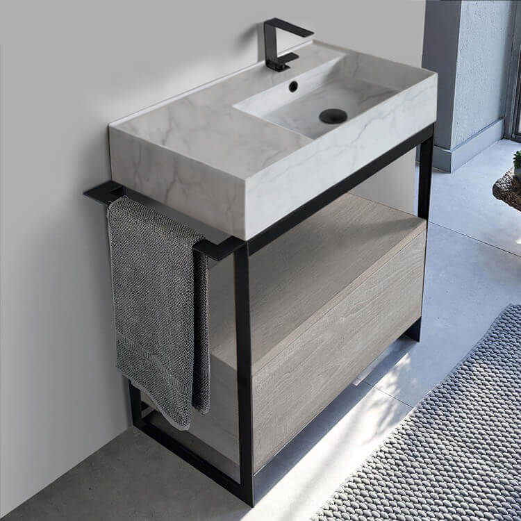 Console Sink Vanity With Marble Design Ceramic Sink and Grey Oak Drawer, 35"