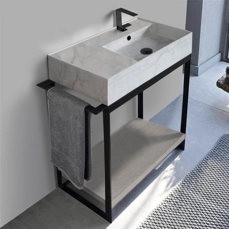 Console Sink Vanity With Marble Design Ceramic Sink and Grey Oak Shelf, 35"