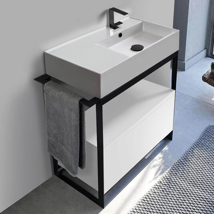 Console Sink Vanity With Ceramic Sink and Glossy White Drawer, 35"