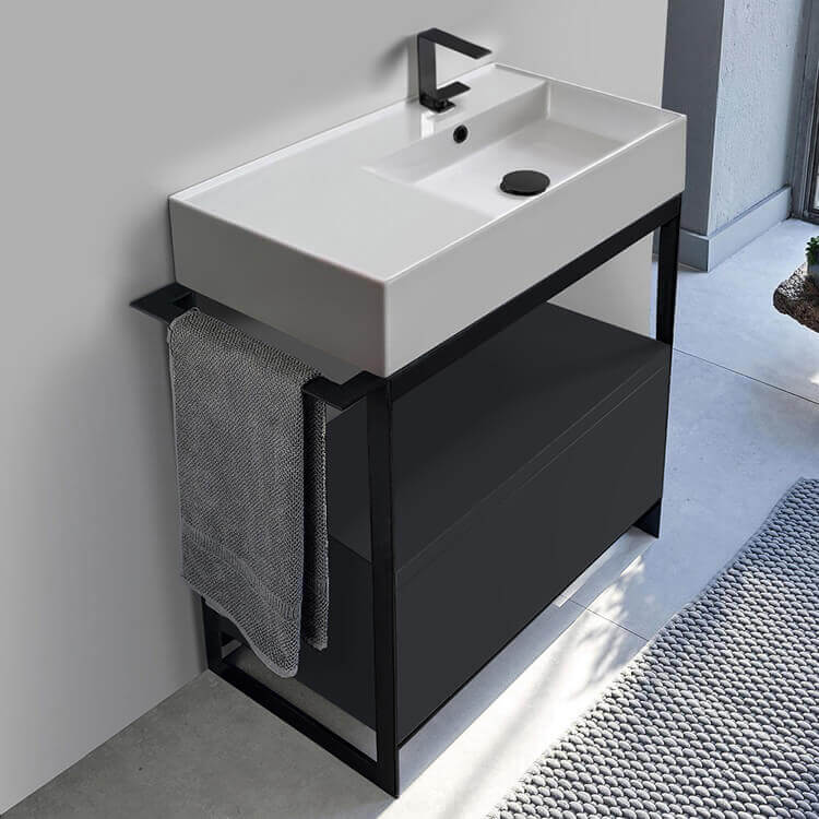 Console Sink Vanity With Ceramic Sink and Matte Black Drawer, 35"