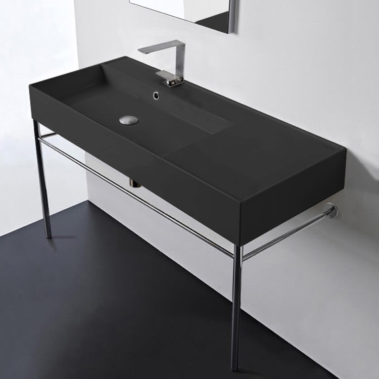Matte Black Console Sink and Polished Chrome Stand, 40"