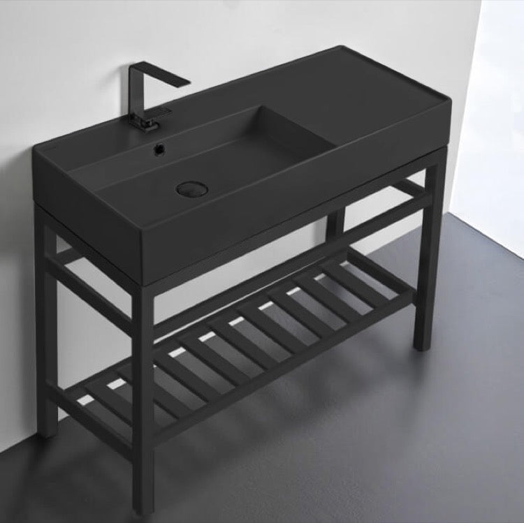 Matte Black Console Sink With Counter Space, Matte Black Base, 40"