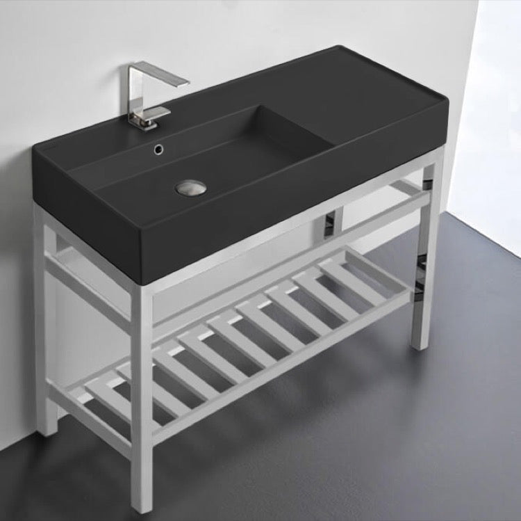 Black Console Sink With Counter Space and Chrome Base, 40"
