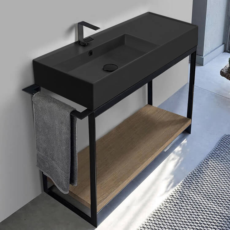 Console Sink Vanity, Matte Black Sink and Natural Brown Oak Shelf, 43"