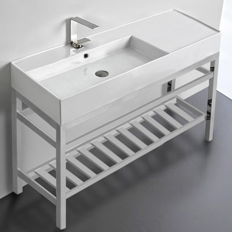 Rectangular Ceramic Console Sink and Polished Chrome Stand, 48"