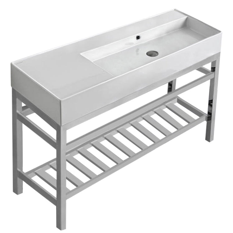 Rectangular Ceramic Console Sink and Polished Chrome Stand, 48"