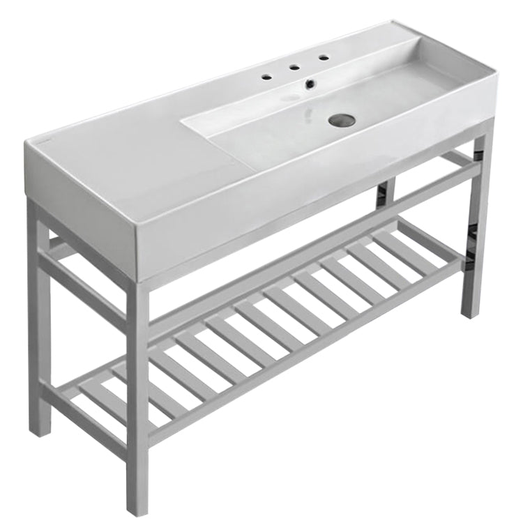 Rectangular Ceramic Console Sink and Polished Chrome Stand, 48"