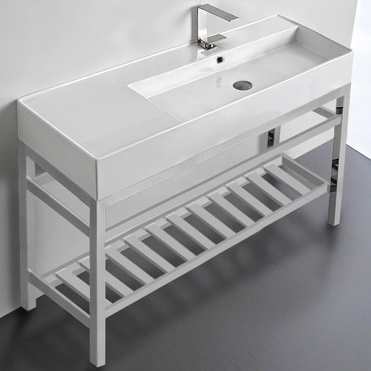 Rectangular Ceramic Console Sink and Polished Chrome Stand, 48"