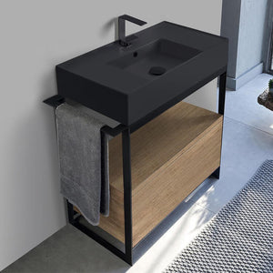 Console Sink Vanity With Matte Black Ceramic Sink and Natural Brown Oak Drawer, 35"