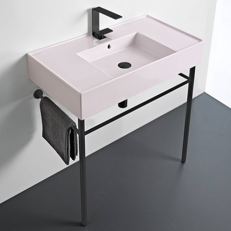 Pink Console Sink With Matte Black Base, Modern, 32"