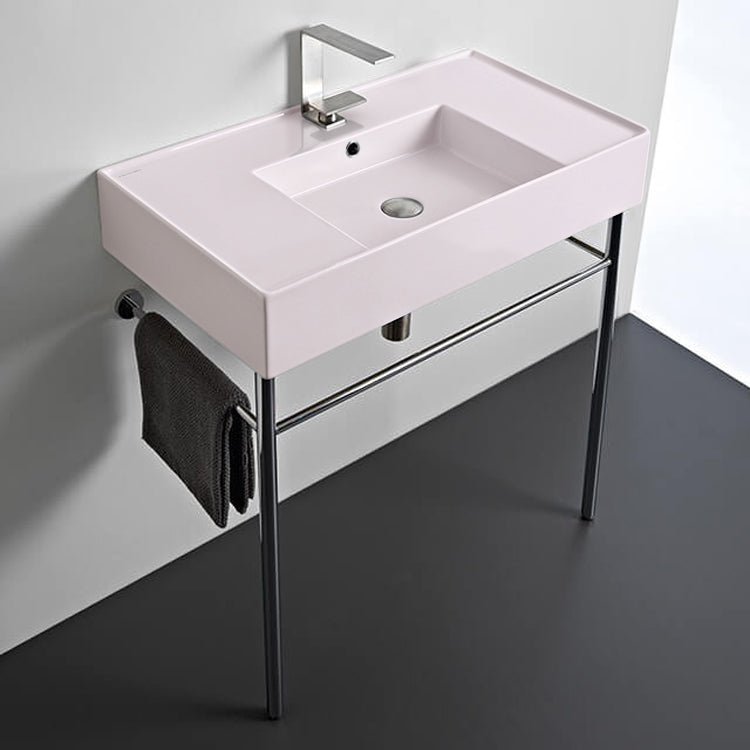 Pink Console Sink With Chrome Base, Modern, 32"