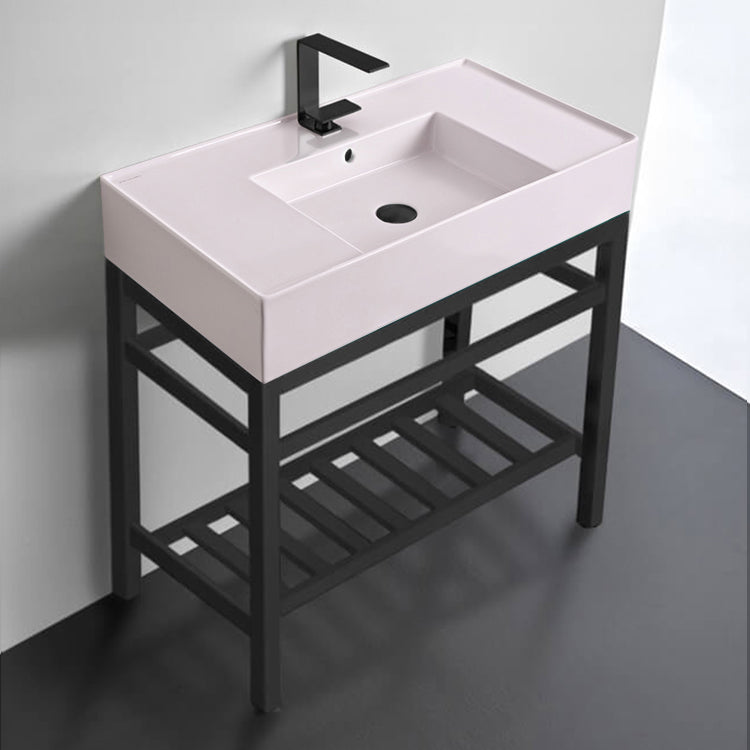 Pink Console Sink With Matte Black Base, Modern, 32"