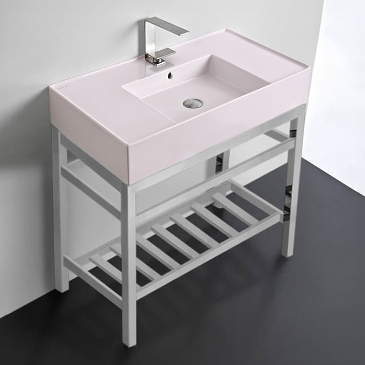 Pink Console Sink With Chrome Base, Modern, 32"