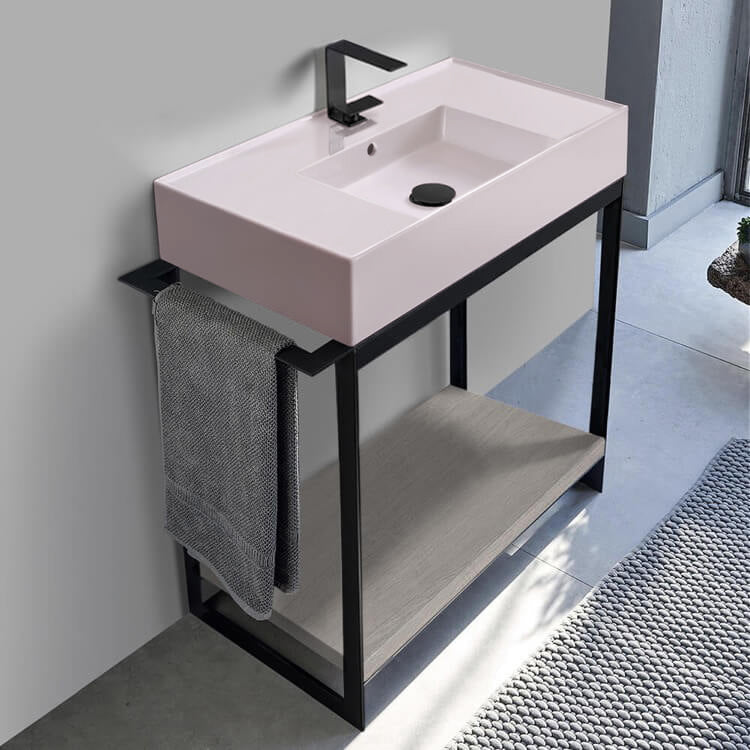 Pink Sink Bathroom Vanity, Floor Standing, Modern, Grey Oak, 35"