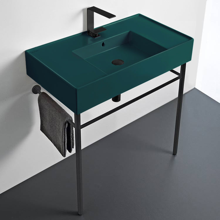 Green Console Sink With Matte Black Base, Modern, 32"