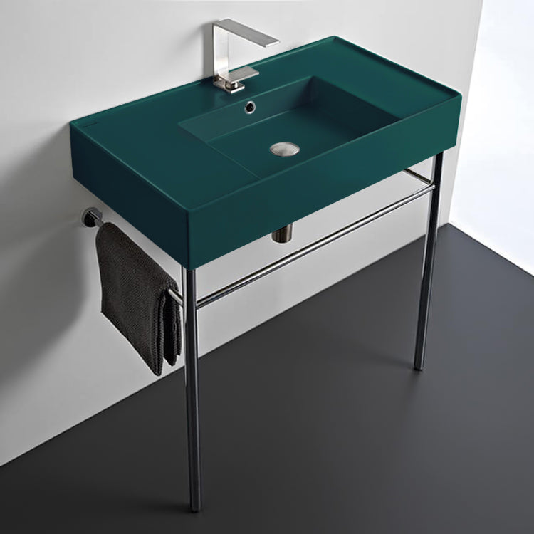 Green Console Sink With Chrome Base, Modern, 32"