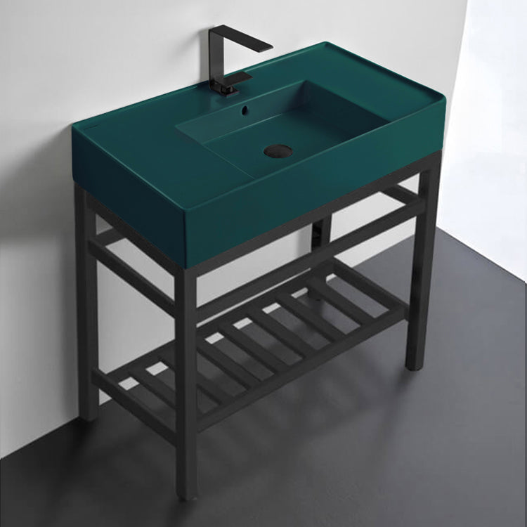 Green Console Sink With Matte Black Base, Modern, 32"