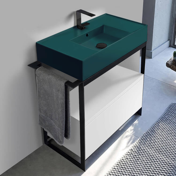 Green Sink Bathroom Vanity, White, Floor Standing, Modern, 35"