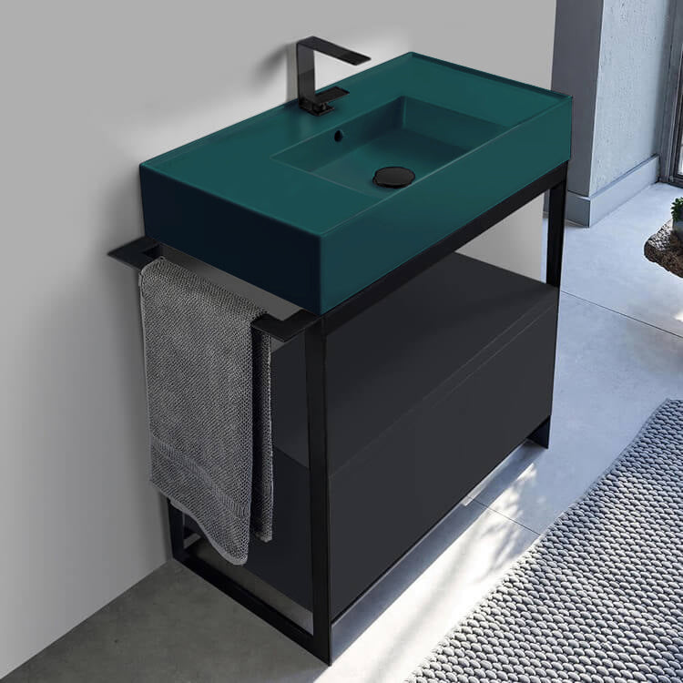 Green Sink Bathroom Vanity, Matte Black, Floor Standing, Modern, 35"