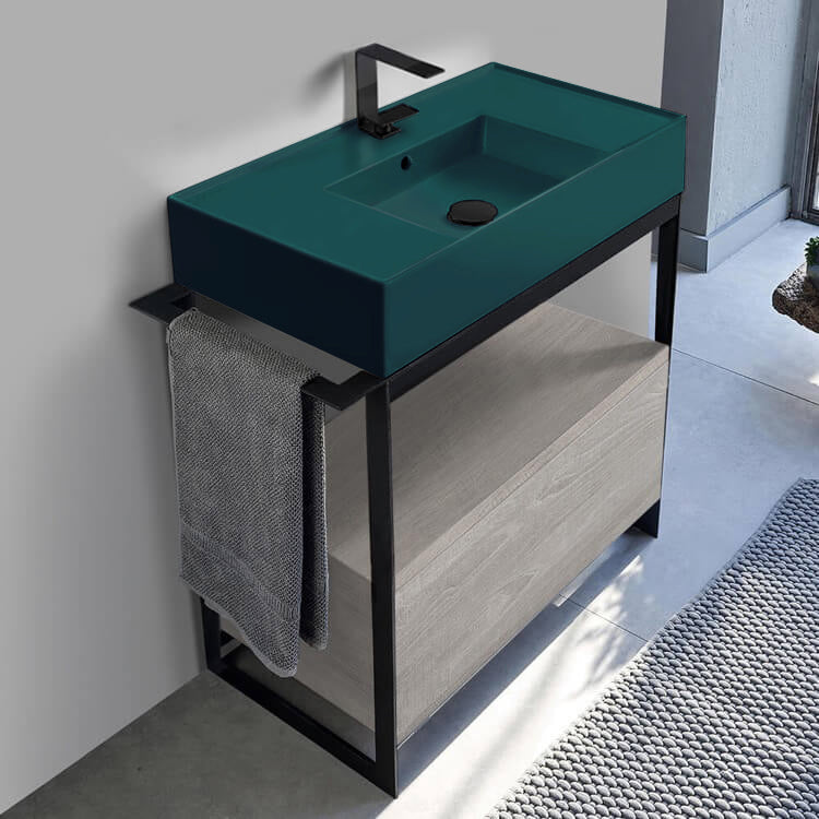 Green Sink Bathroom Vanity, Floor Standing, Modern, Grey Oak, 35"