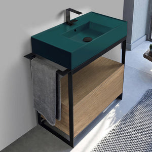 Green Sink Bathroom Vanity, Floor Standing, Natural Brown Oak, Modern, 35"