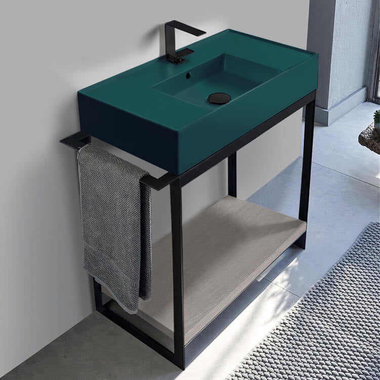 Green Sink Bathroom Vanity, Floor Standing, Modern, Grey Oak, 35"