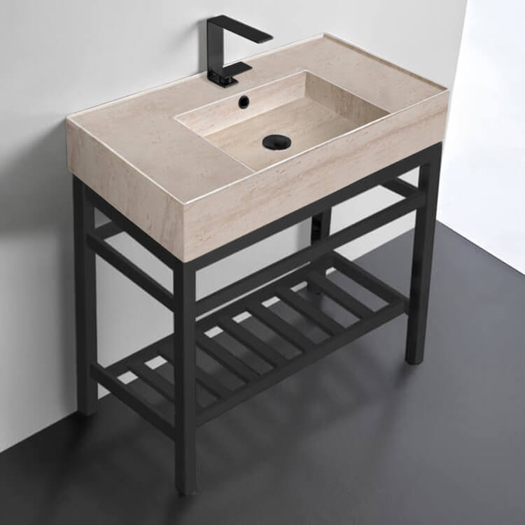 Modern Beige Travertine Design Ceramic Console Sink and Matte Black Base, 32"