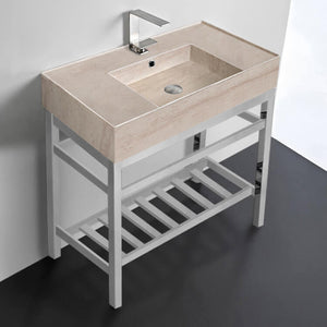 Modern Beige Travertine Design Ceramic Console Sink and Polished Chrome Base, 32"